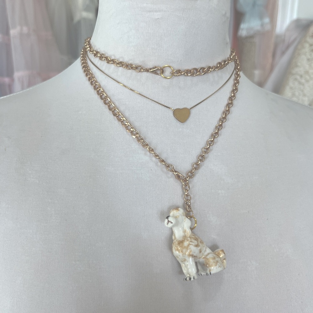 Free People 💗 vintage porcelain poodle pendant adjustable gold chain necklace